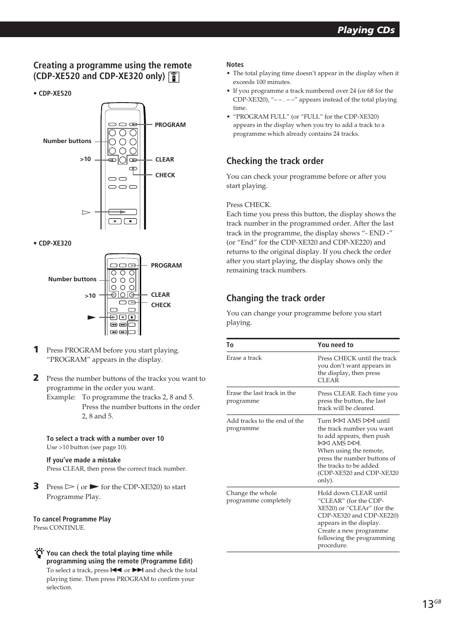 Playing cds, Checking the track order, Changing the track order | Sony CDP-XE320 User Manual | Page 13 / 56