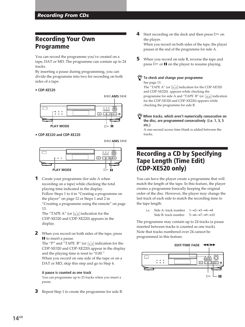 Recording your own programme, Recording from cds | Sony CDP-XE320 User Manual | Page 14 / 56