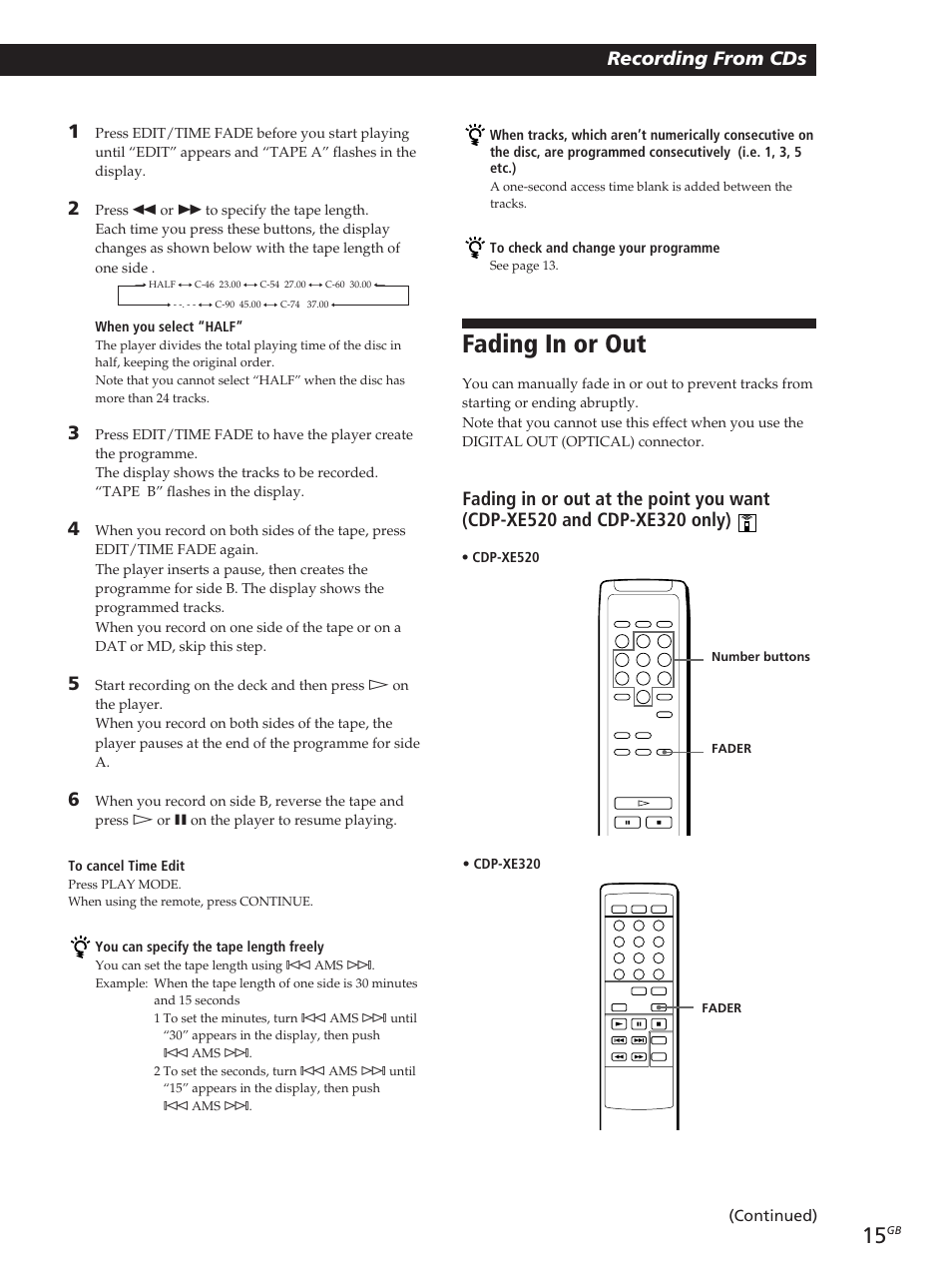 Fading in or out, Recording from cds, Recording from cds 1 | Sony CDP-XE320 User Manual | Page 15 / 56