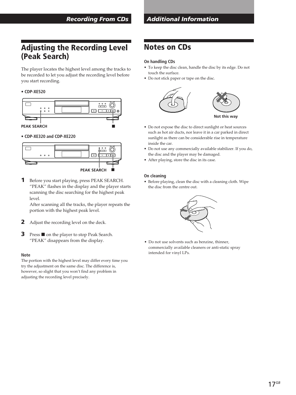 Adjusting the recording level (peak search), Recording from cds, Additional information recording from cds | Sony CDP-XE320 User Manual | Page 17 / 56