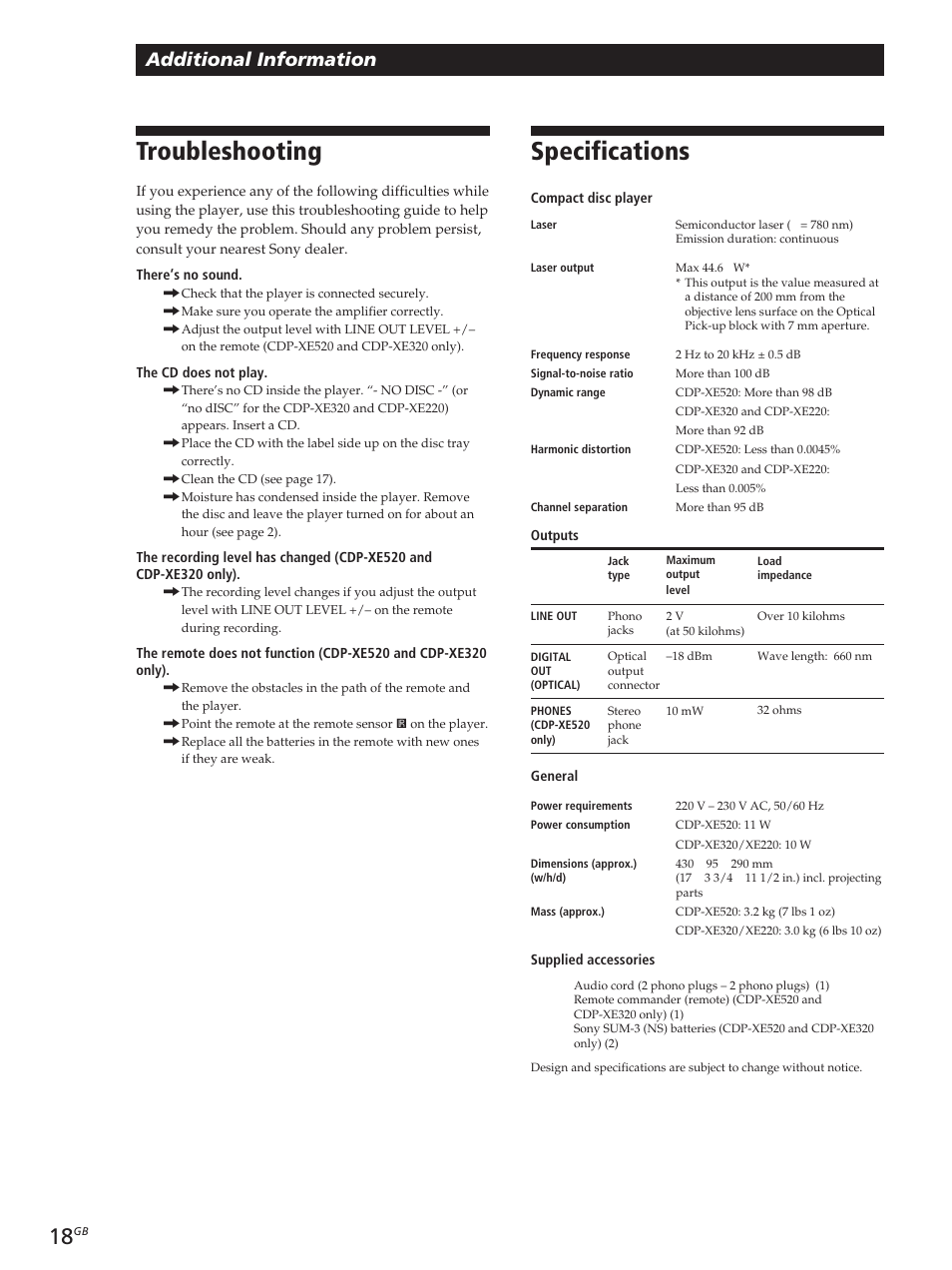 Specifications, Troubleshooting, Additional information | Sony CDP-XE320 User Manual | Page 18 / 56