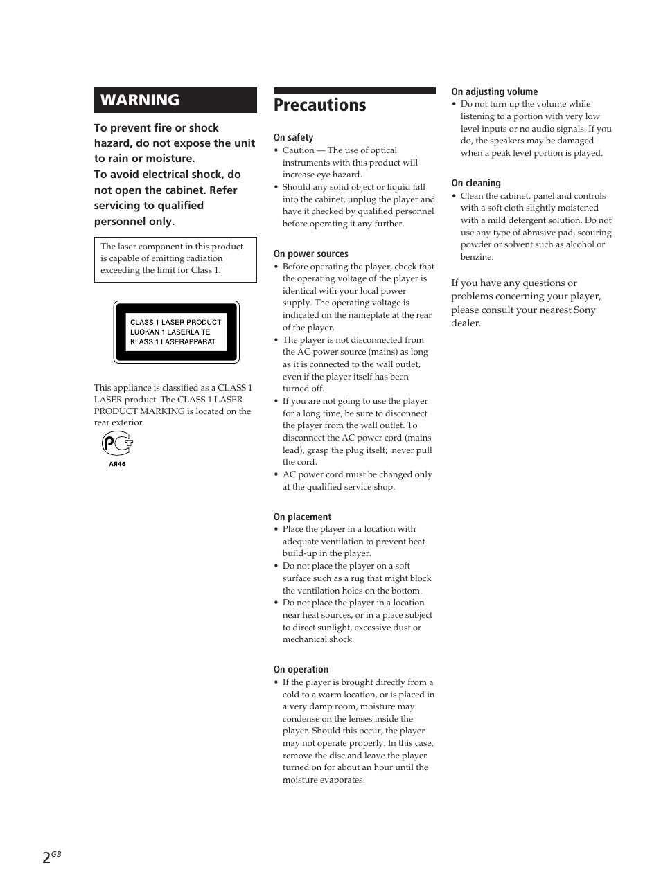 Precautions, Warning | Sony CDP-XE320 User Manual | Page 2 / 56