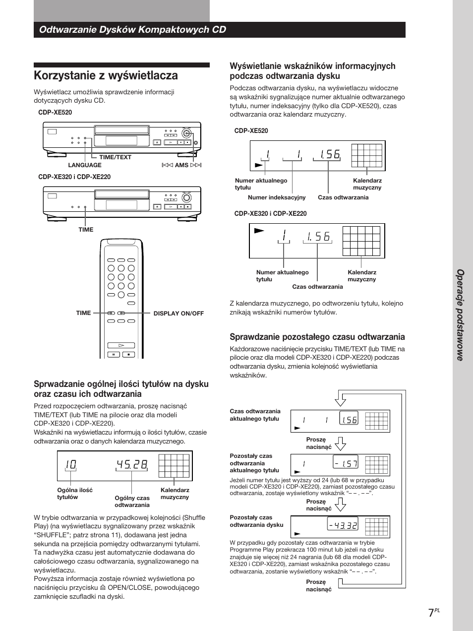 Korzystanie z wyświetlacza, Odtwarzanie dysków kompaktowych cd, Sprawdzanie pozostałego czasu odtwarzania | Sony CDP-XE320 User Manual | Page 25 / 56