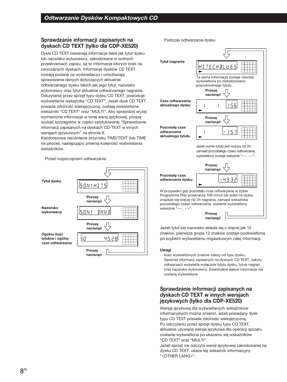 Odtwarzanie dysków kompaktowych cd, Podczas odtwarzania dysku, Przed rozpoczęciem odtwarzania | Proszę nacisnąć | Sony CDP-XE320 User Manual | Page 26 / 56