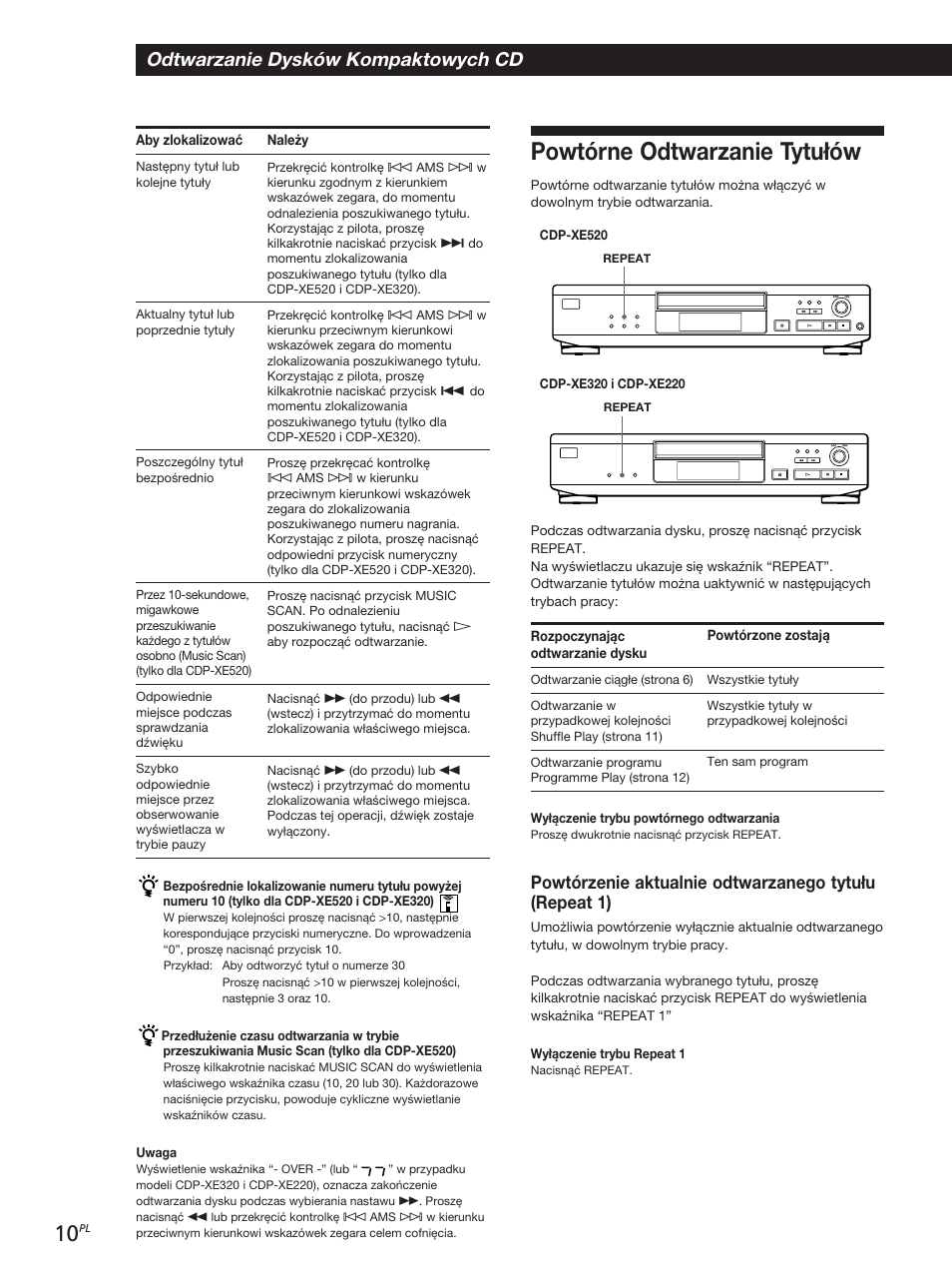 Powtórne odtwarzanie tytułów, Odtwarzanie dysków kompaktowych cd | Sony CDP-XE320 User Manual | Page 28 / 56