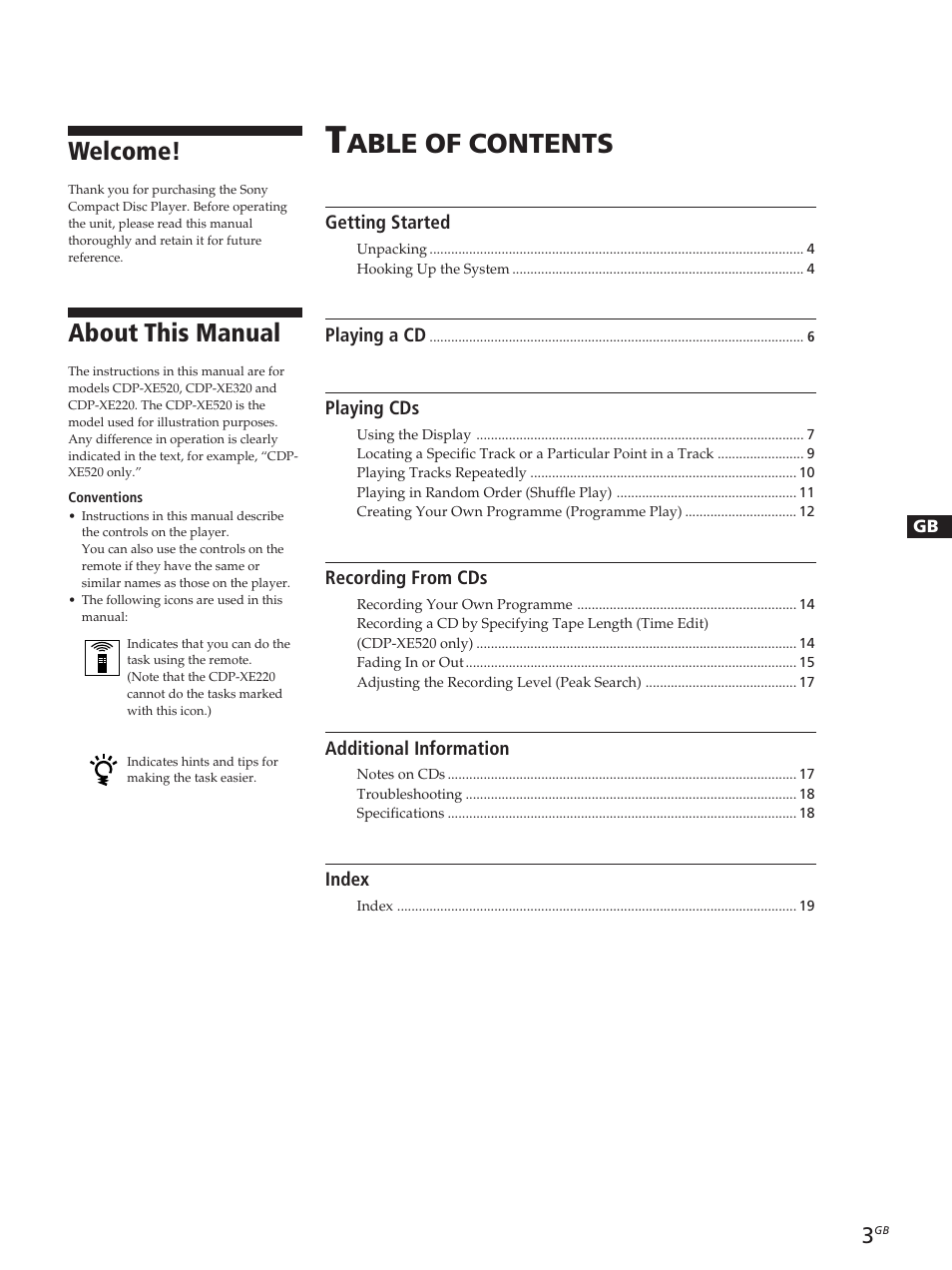 Able of contents, Welcome, About this manual | Sony CDP-XE320 User Manual | Page 3 / 56