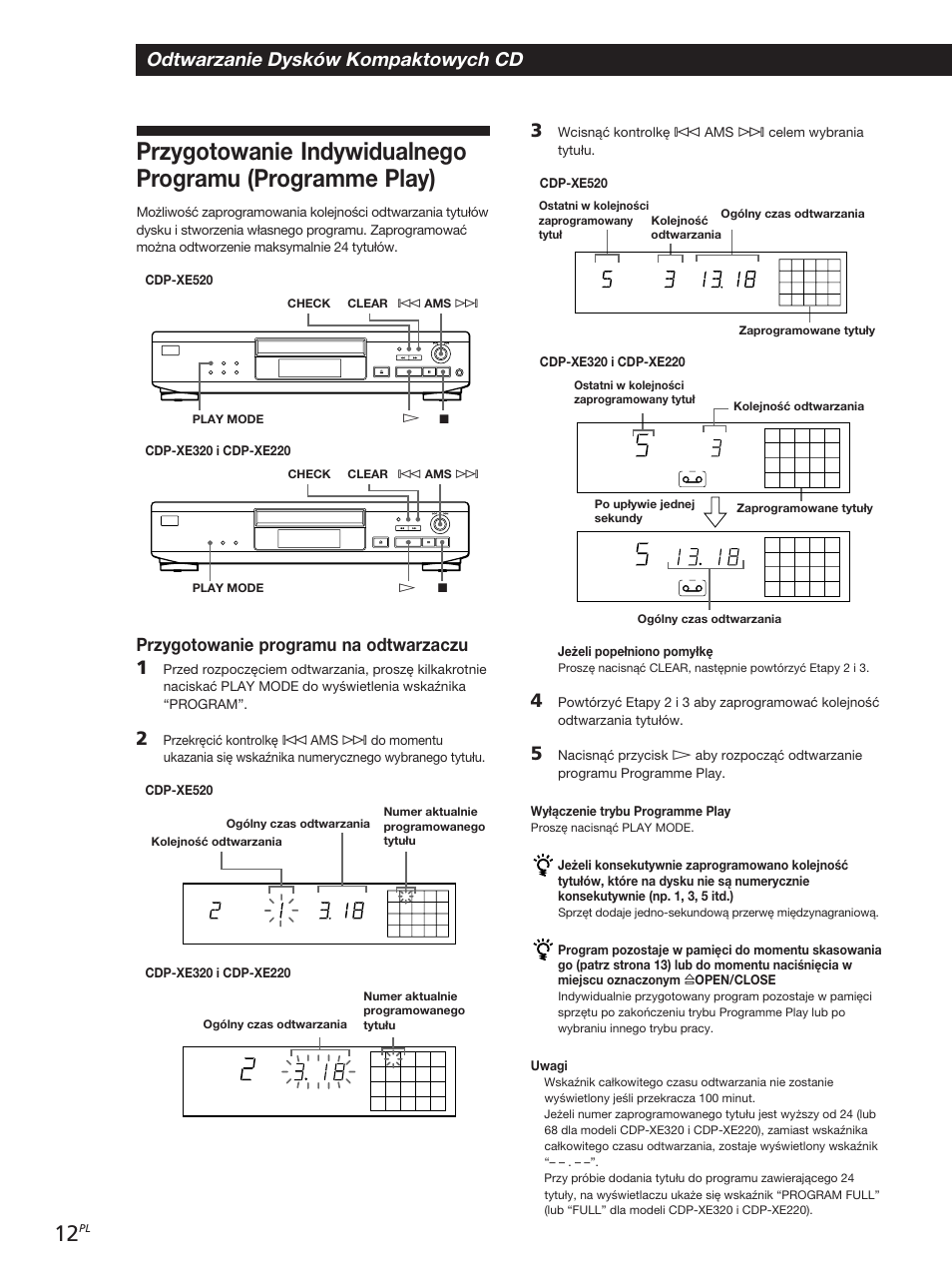 Odtwarzanie dysków kompaktowych cd, Przygotowanie programu na odtwarzaczu | Sony CDP-XE320 User Manual | Page 30 / 56