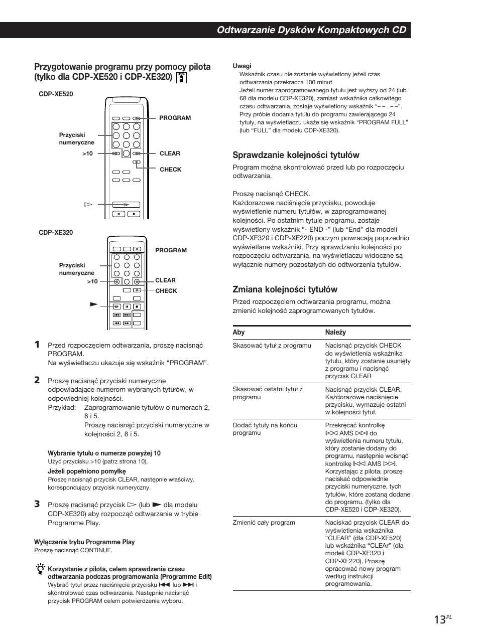 Odtwarzanie dysków kompaktowych cd, Sprawdzanie kolejności tytułów, Zmiana kolejności tytułów | Sony CDP-XE320 User Manual | Page 31 / 56