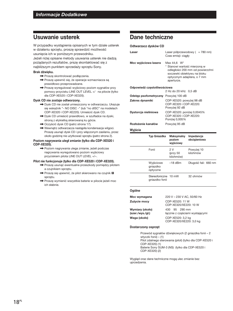 Dane techniczne, Usuwanie usterek, Informacje dodatkowe | Sony CDP-XE320 User Manual | Page 36 / 56