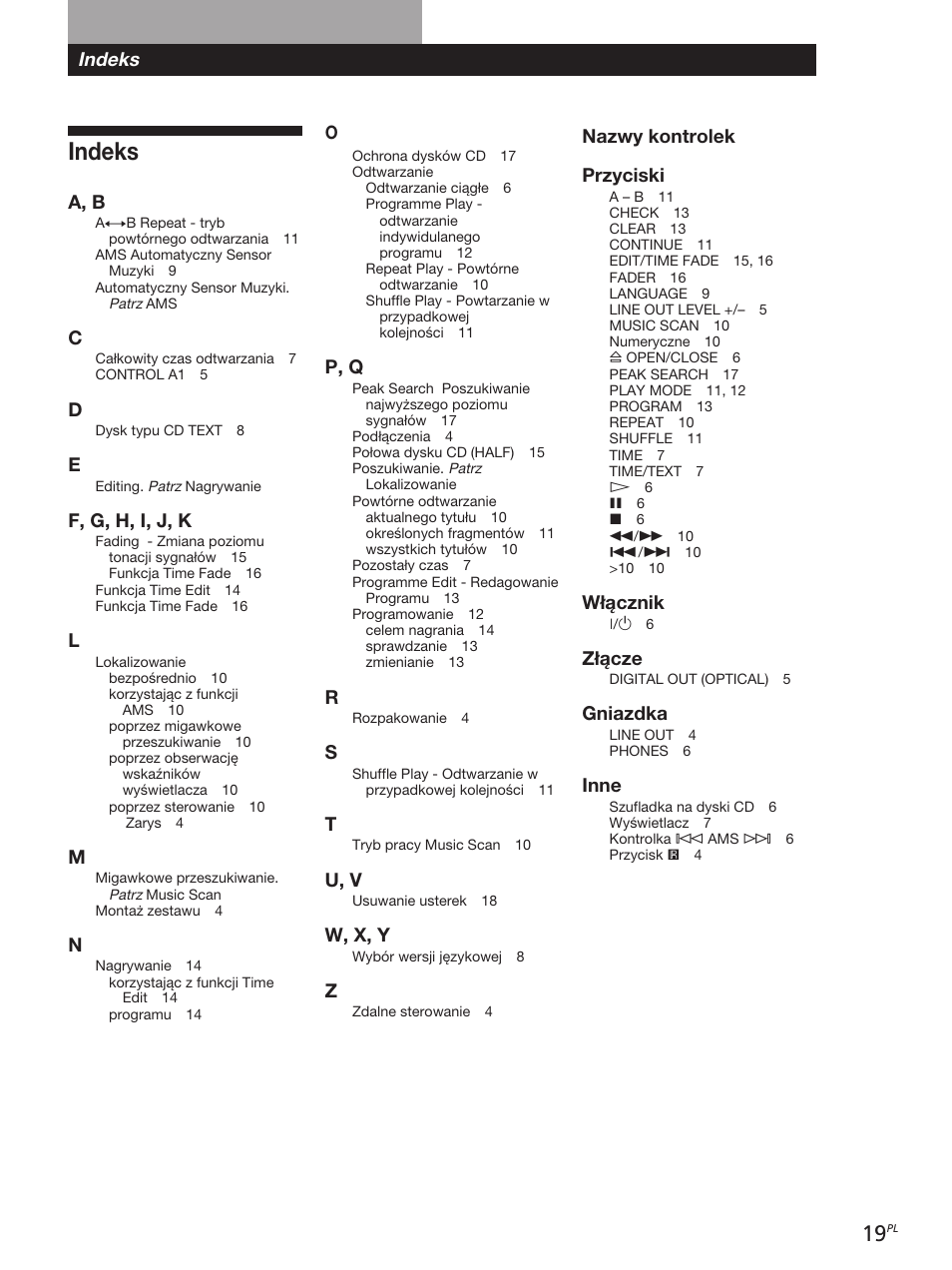 Indeks, Nazwy kontrolek przyciski, Włącznik | Złącze, Gniazdka, Inne, A, b, F, g, h, i, j, k, P, q, U, v | Sony CDP-XE320 User Manual | Page 37 / 56