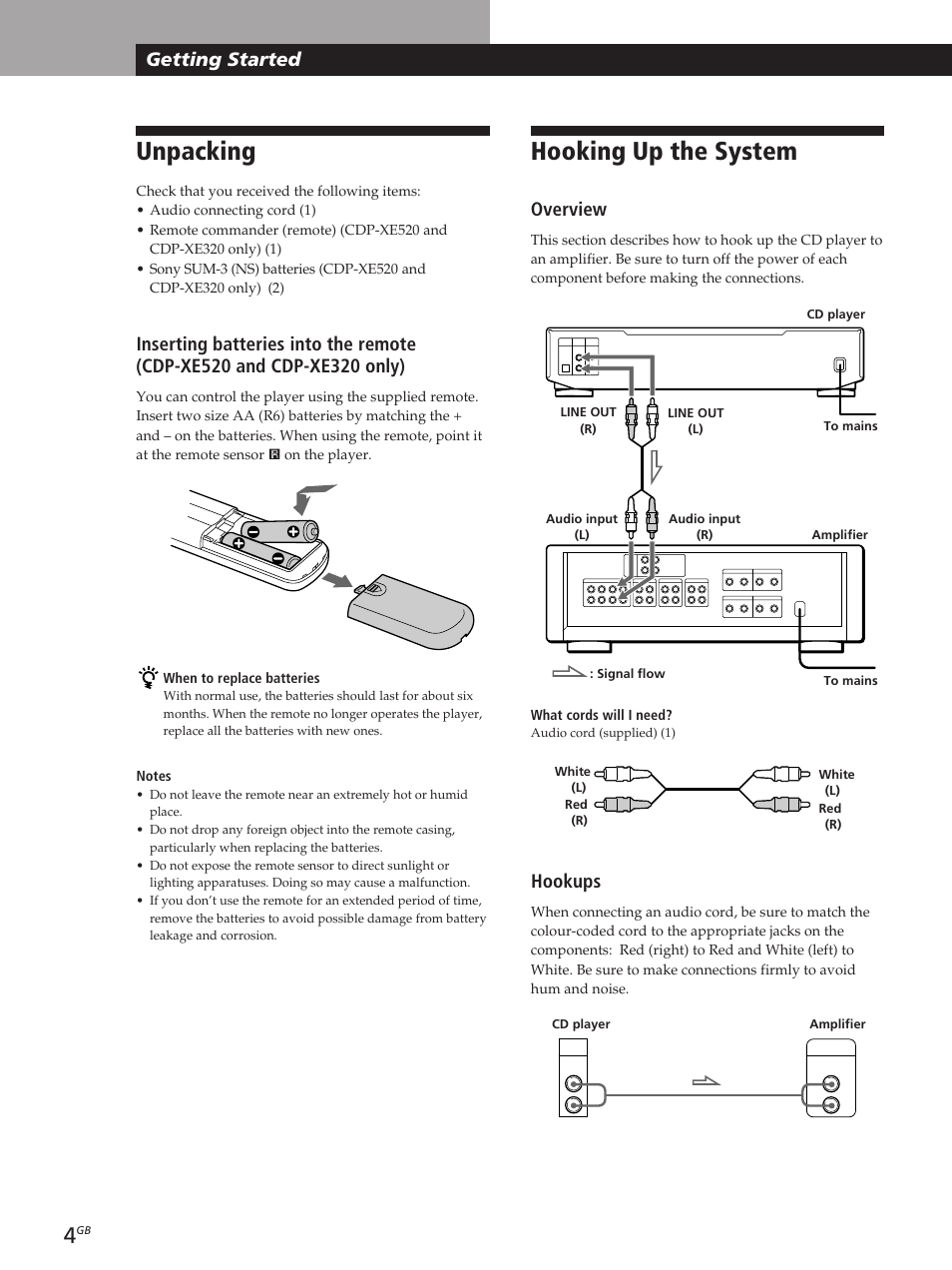 Unpacking, Hooking up the system, Getting started | Overview, Hookups | Sony CDP-XE320 User Manual | Page 4 / 56