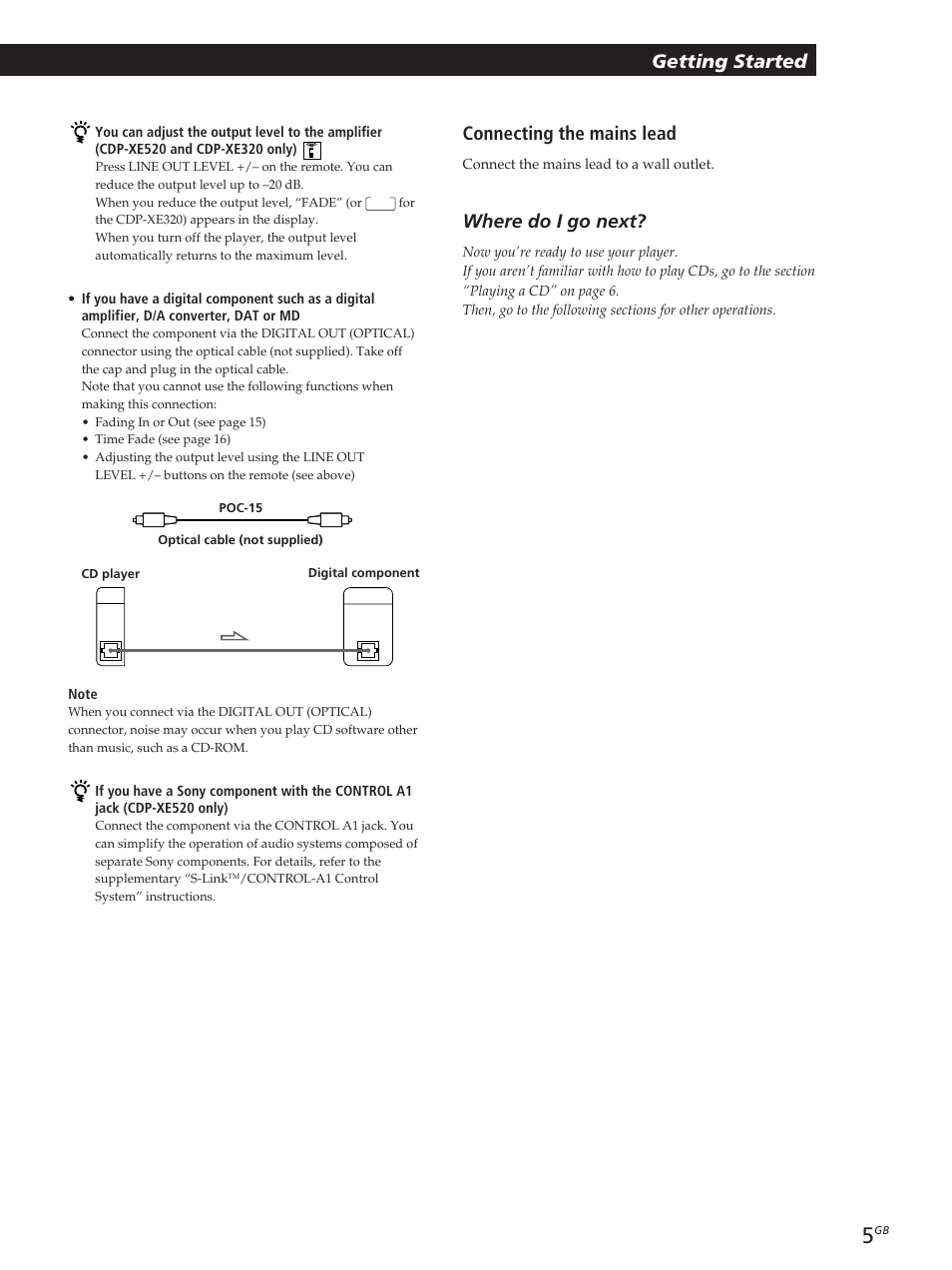 Getting started, Connecting the mains lead, Where do i go next | Sony CDP-XE320 User Manual | Page 5 / 56