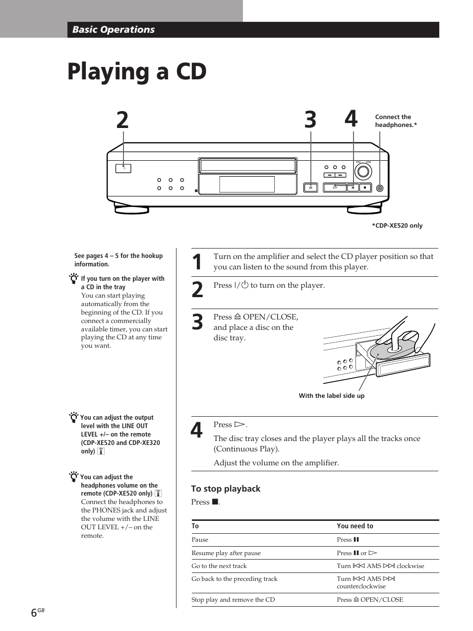 Playing a cd, Basic operations | Sony CDP-XE320 User Manual | Page 6 / 56