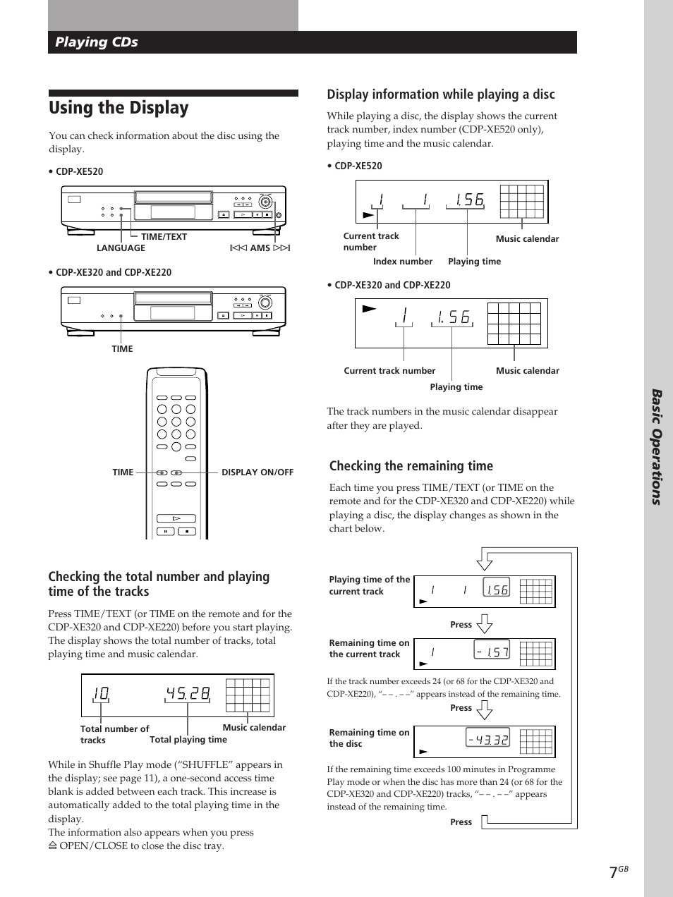 Using the display, Playing cds, Playing cds basic operations | Display information while playing a disc, Checking the remaining time | Sony CDP-XE320 User Manual | Page 7 / 56