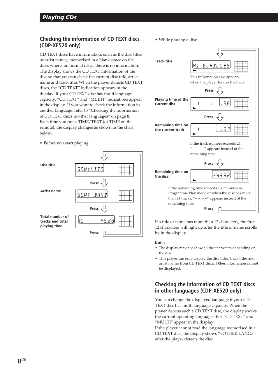 Playing cds, While playing a disc, Press | Sony CDP-XE320 User Manual | Page 8 / 56