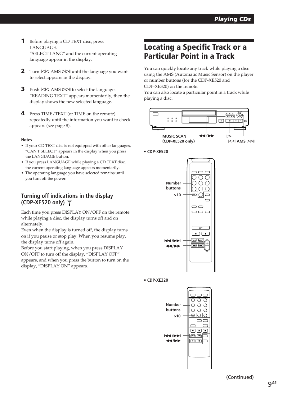 Playing cds | Sony CDP-XE320 User Manual | Page 9 / 56
