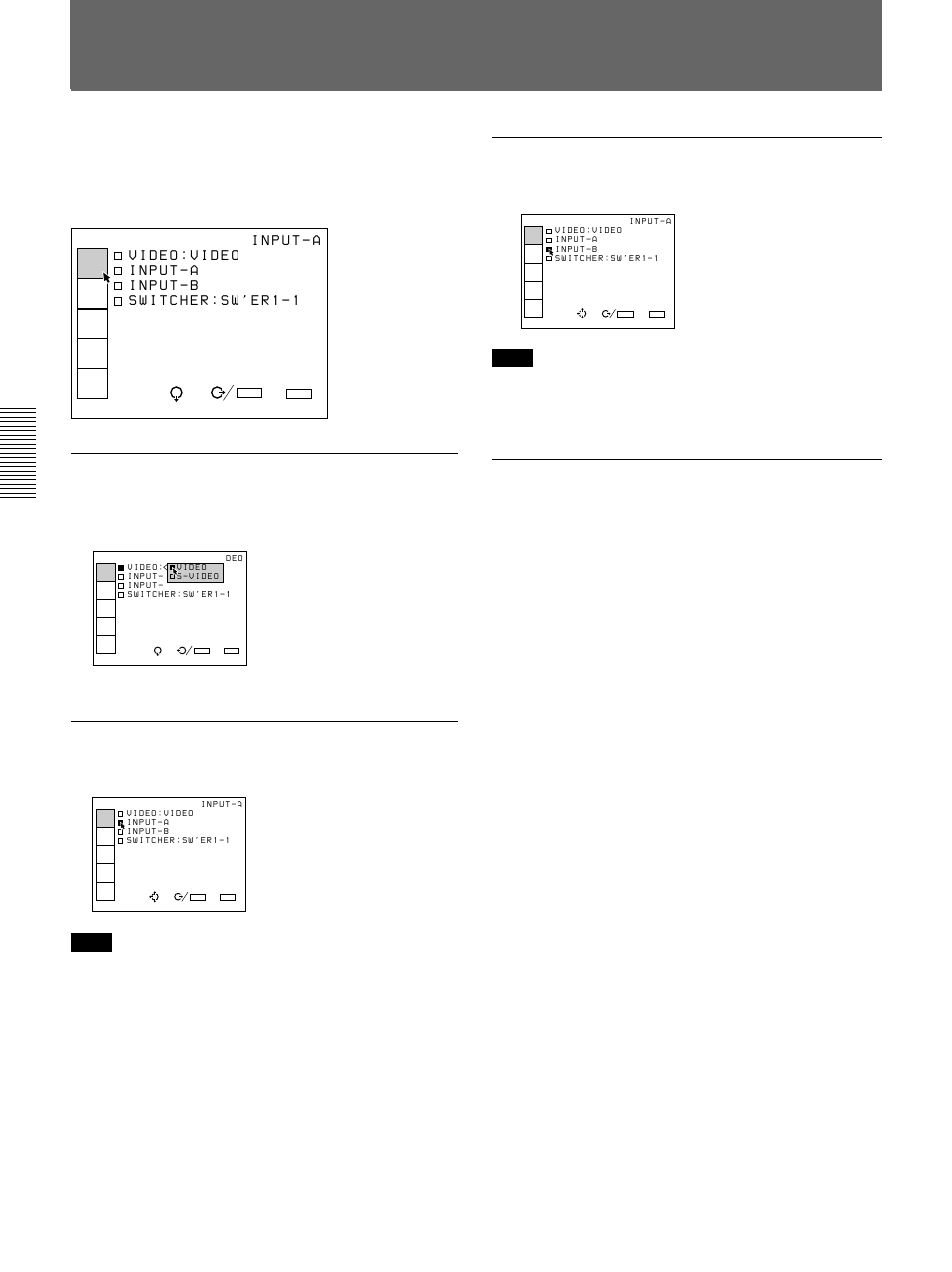 The input select menu (gb), The input select menu, Video | Input-a, Input-b, Switcher, Selects signal input from the input a connectors, Selects signal input from the input b connectors, The switcher can not be selected | Sony VPH-D50HTM User Manual | Page 28 / 140