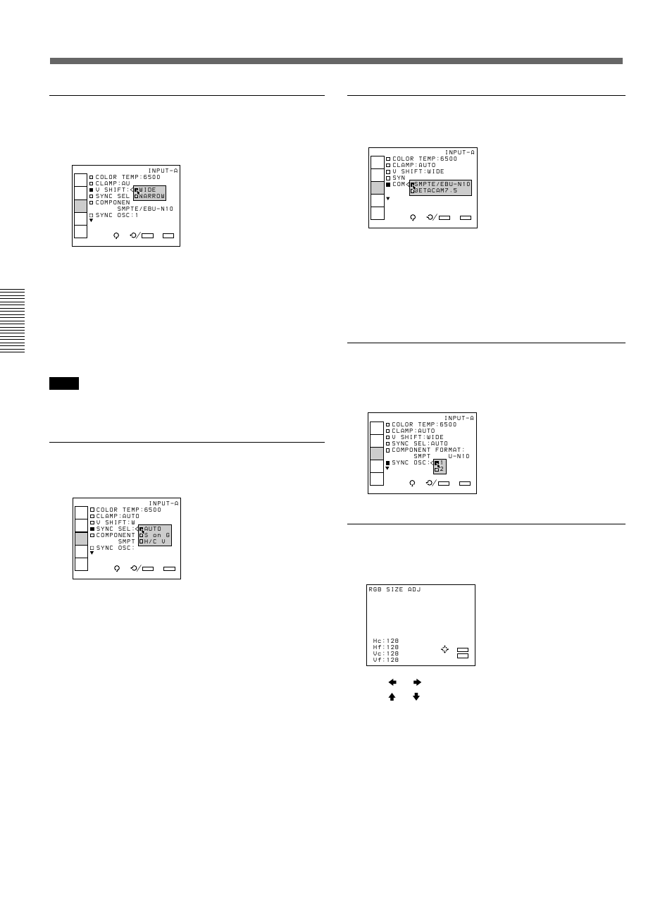 The input setting menu, V (vertical) shift, Sync sel (select) | Component format, Sync osc (oscillation), Rgb size | Sony VPH-D50HTM User Manual | Page 32 / 140