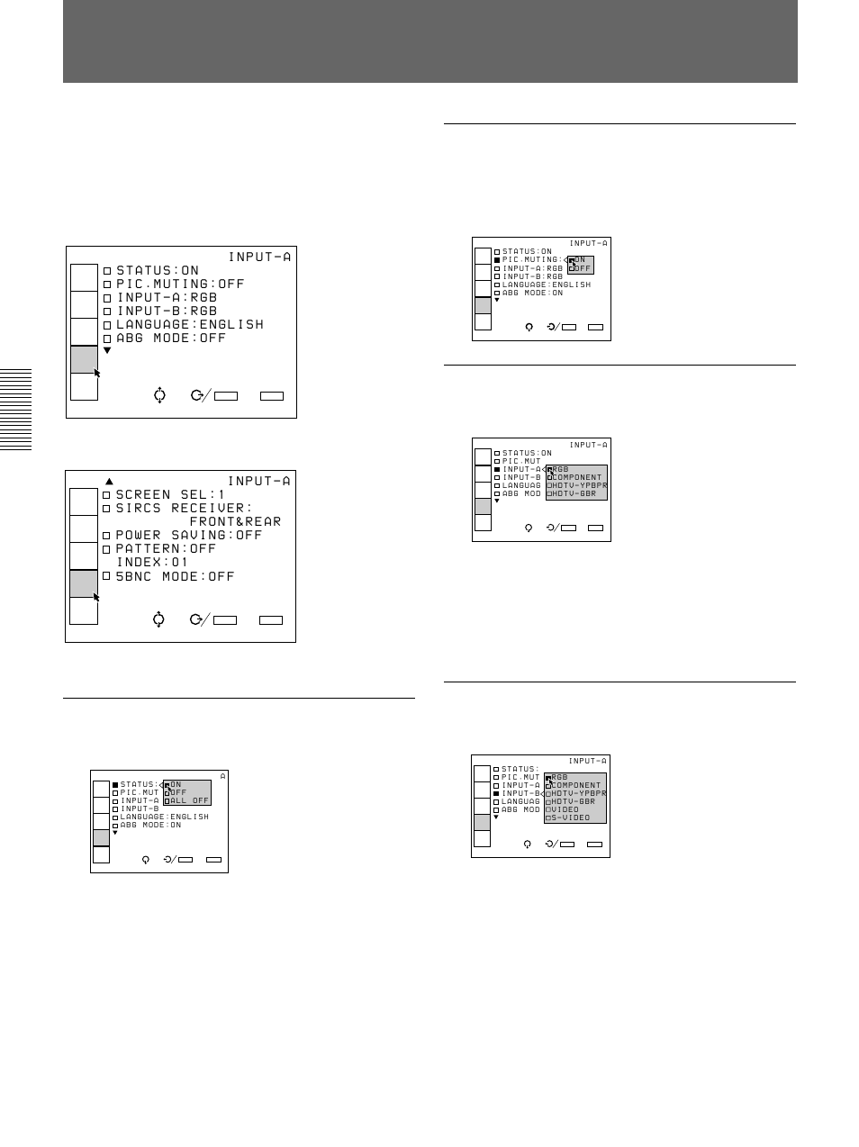 The set setting menu (gb), The set setting menu, Pic. (picture) muting | Input-a, Input-b, Status, Signal. hdtv-ypbpr: inputs the hdtv (yp, Signal. hdtv-gbr: inputs the hdtv(gbr) signal | Sony VPH-D50HTM User Manual | Page 34 / 140