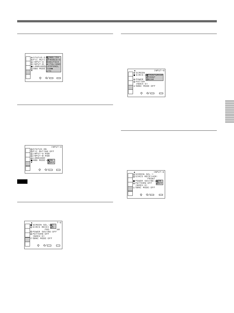 Language, Abg (automatic background) mode, Screen sel (select) | Sircs receiver, Power saving | Sony VPH-D50HTM User Manual | Page 35 / 140