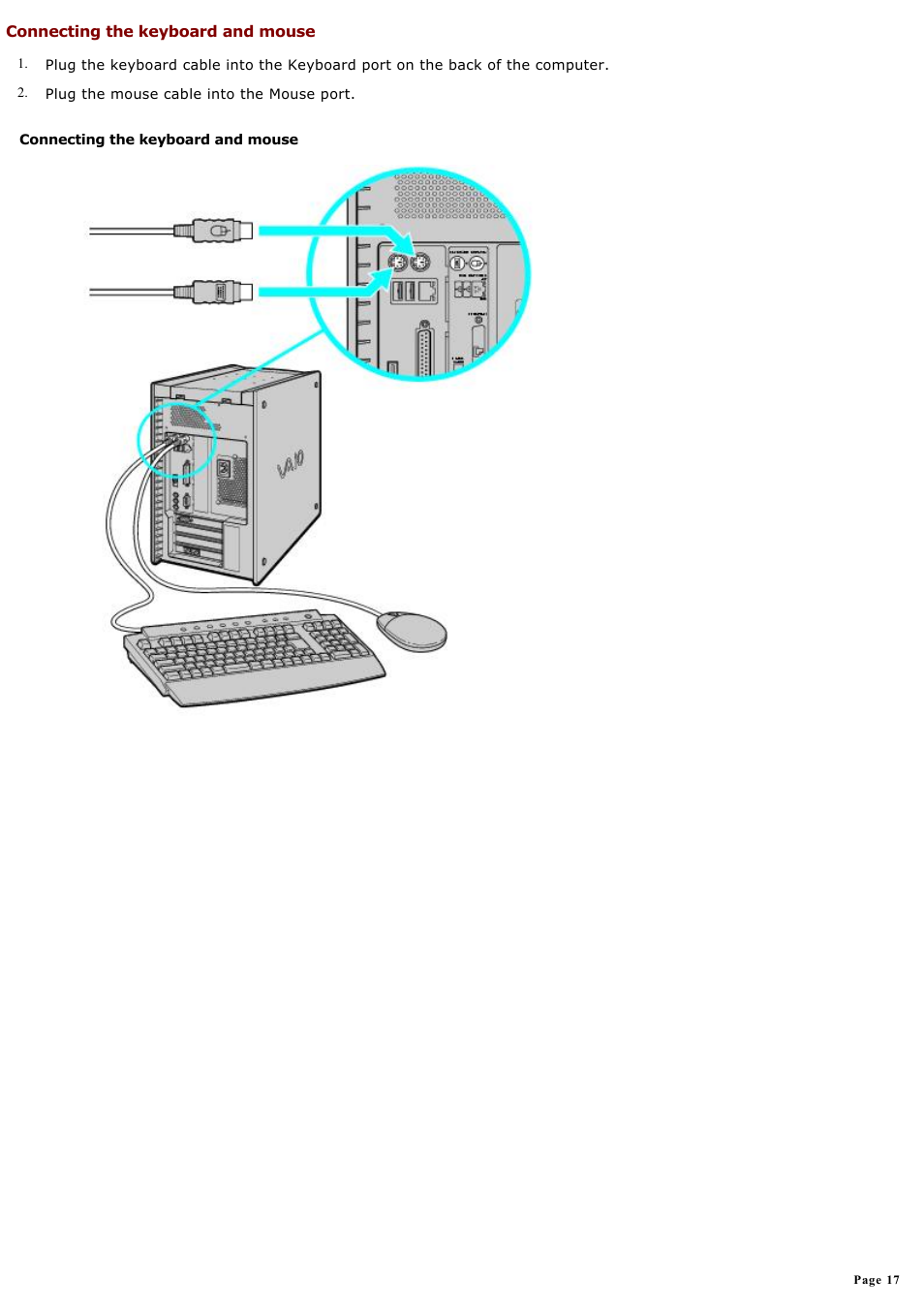 Connecting the keyboard and mouse | Sony PCVRX670 User Manual | Page 17 / 88