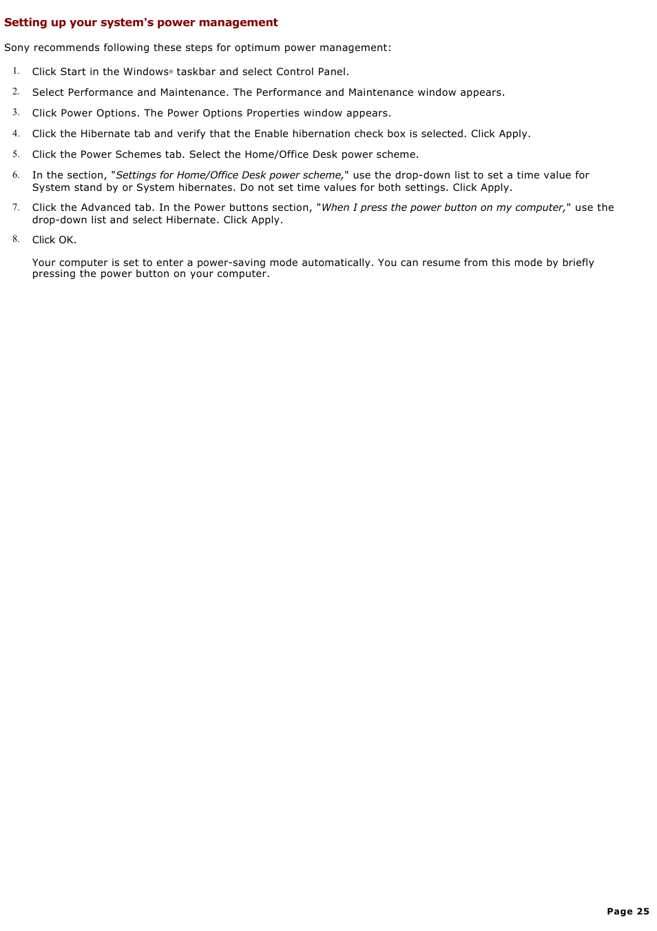 Setting up your system's power management | Sony PCVRX670 User Manual | Page 25 / 88