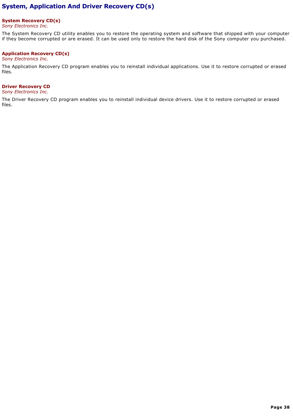 System, application and driver recovery cd(s) | Sony PCVRX670 User Manual | Page 38 / 88