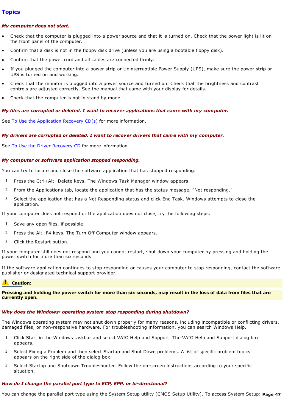 Topics | Sony PCVRX670 User Manual | Page 47 / 88