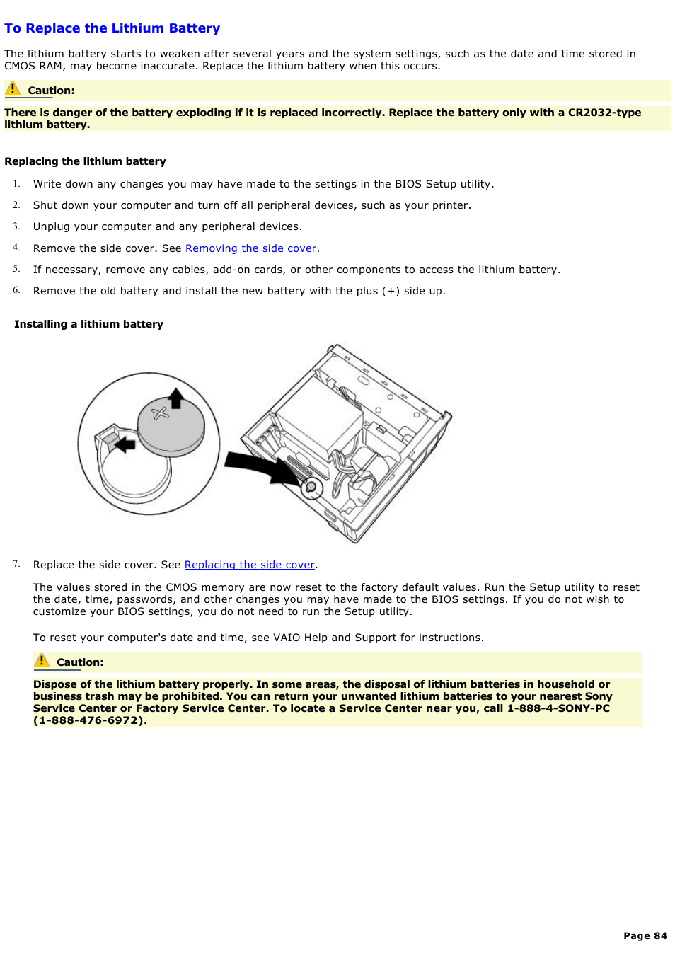 To replace the lithium battery | Sony PCVRX670 User Manual | Page 84 / 88