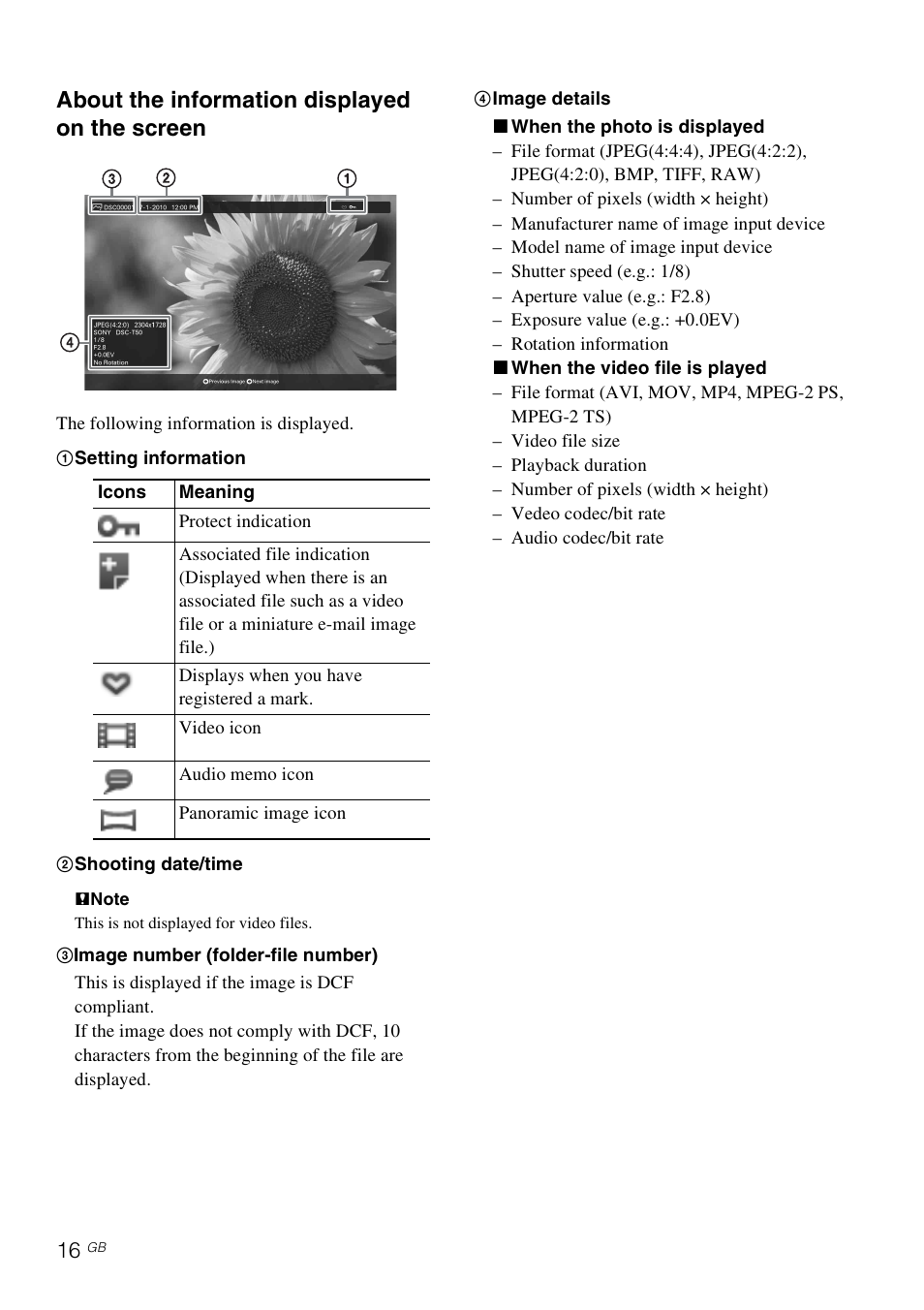 About the information displayed on the screen | Sony DPF-XR100 User Manual | Page 16 / 40