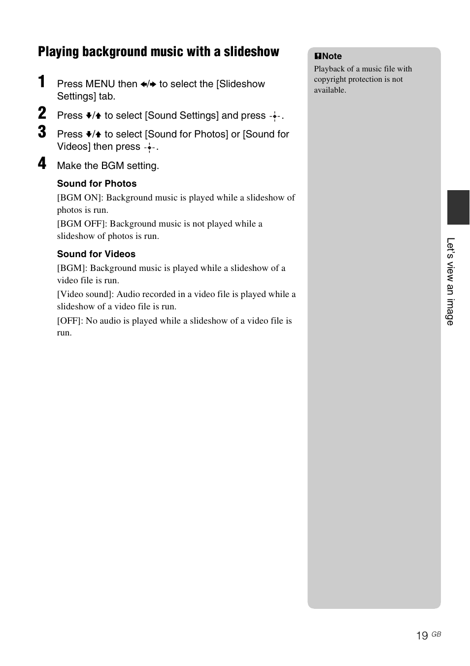Playing background music with a slideshow | Sony DPF-XR100 User Manual | Page 19 / 40