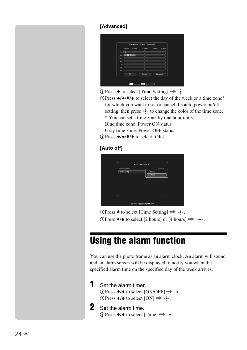 Using the alarm function | Sony DPF-XR100 User Manual | Page 24 / 40