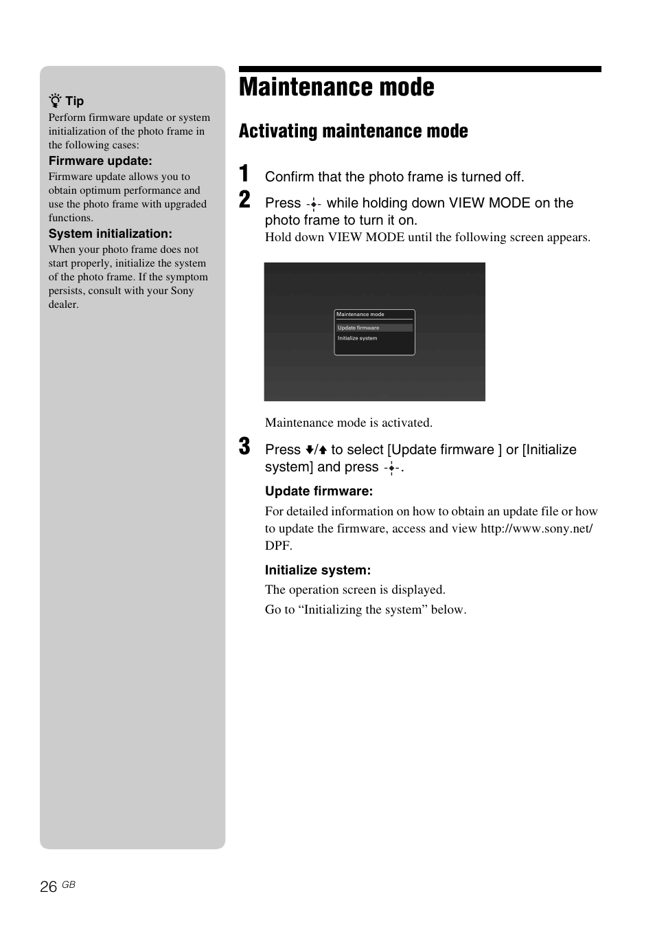 Maintenance mode, Activating maintenance mode | Sony DPF-XR100 User Manual | Page 26 / 40