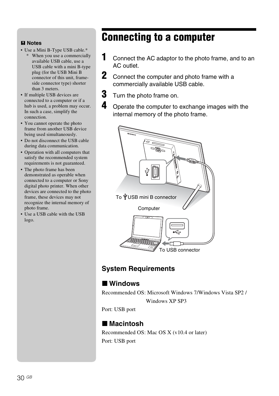 Connecting to a computer | Sony DPF-XR100 User Manual | Page 30 / 40