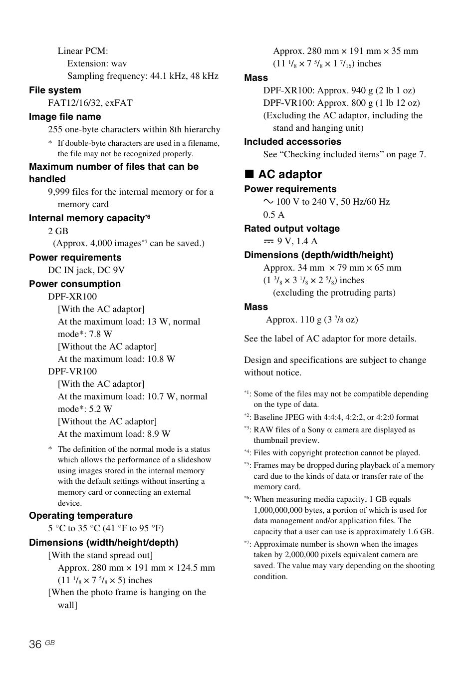 X ac adaptor | Sony DPF-XR100 User Manual | Page 36 / 40