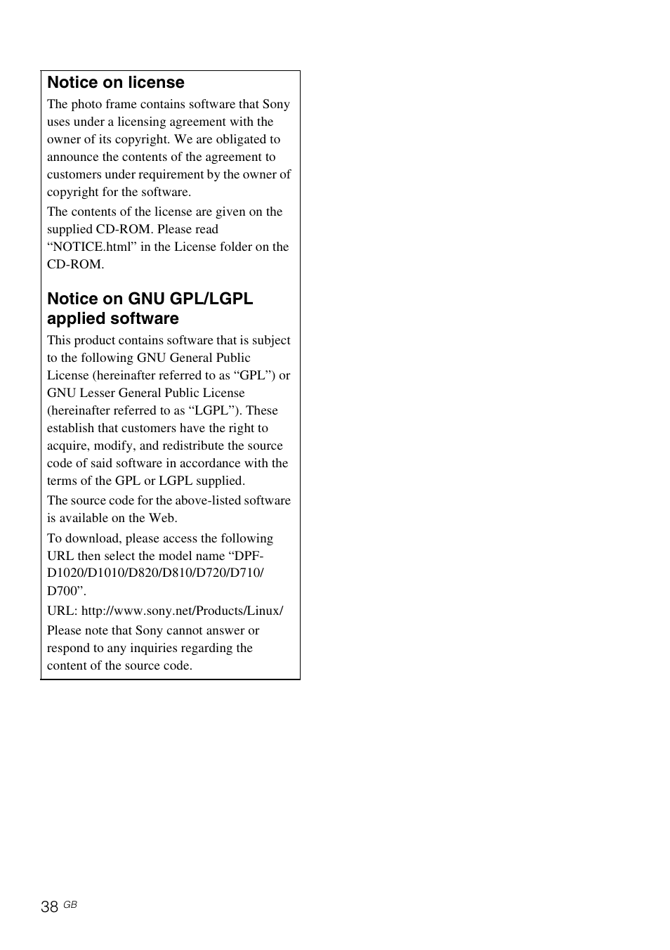 Notice on license, Notice on gnu gpl/lgpl applied software | Sony DPF-XR100 User Manual | Page 38 / 40