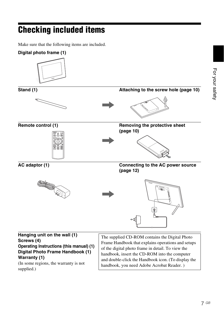 For your safety, Checking included items, O you sa e y | Sony DPF-XR100 User Manual | Page 7 / 40