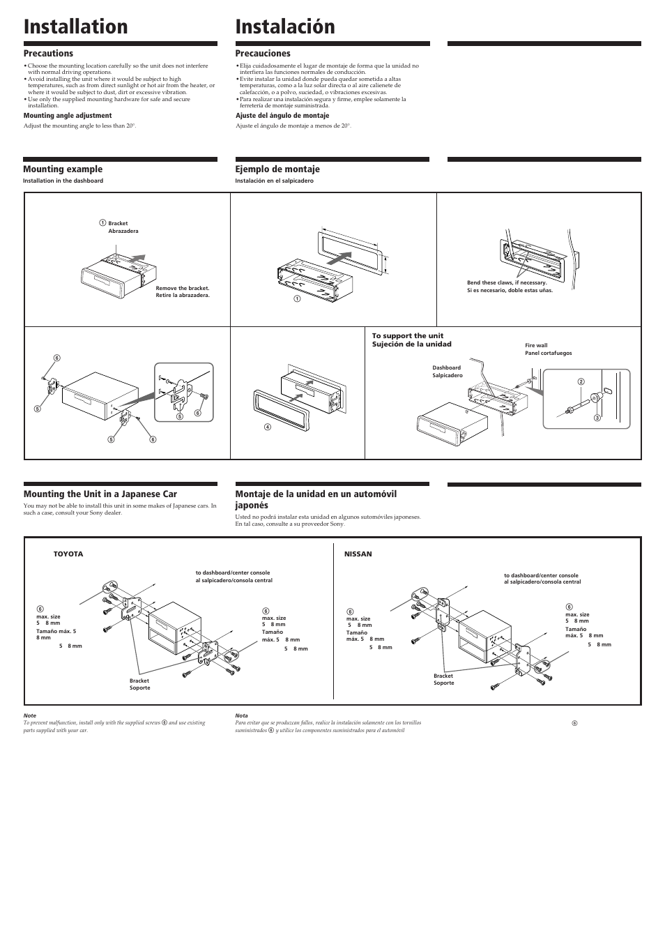 Instalación, Installation, Œ•œ´e™æ®µ | Precauciones, Precautions, Mounting example, Ejemplo de montaje, W à®“§l, Mounting the unit in a japanese car, Montaje de la unidad en un automóvil japonés | Sony XR-1750 User Manual | Page 2 / 4