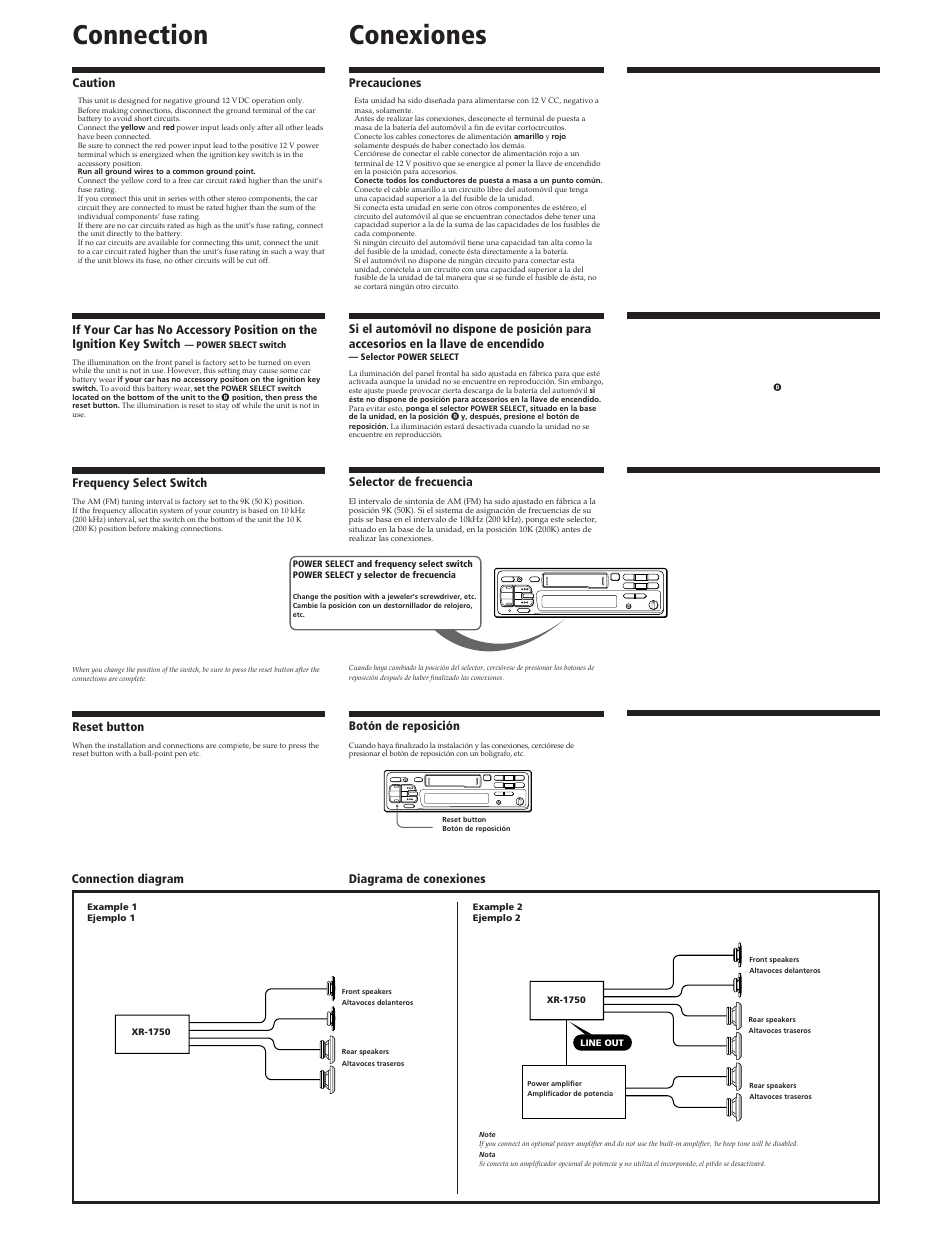 Conexiones, Uù§ßs±µ, Connection | Precauciones, Selector de frecuencia, Botón de reposición, Caution, Frequency select switch, Reset button, Yn¶b®t®жµo ж˜¬i§ı_õ}ˆ®s®„ªßu¶ïm™ ®t®ж г®œ•œæ | Sony XR-1750 User Manual | Page 3 / 4