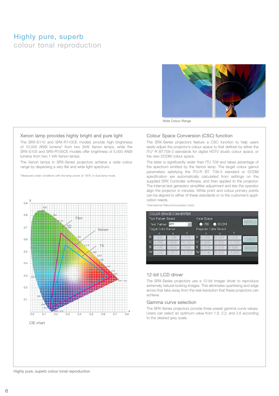 Highly pure, superb colour tonal reproduction, Colour space conversion (csc) function, Bit lcd driver | Gamma curve selection, Xenon lamp provides highly bright and pure light | Sony SRX-R105CE User Manual | Page 6 / 12