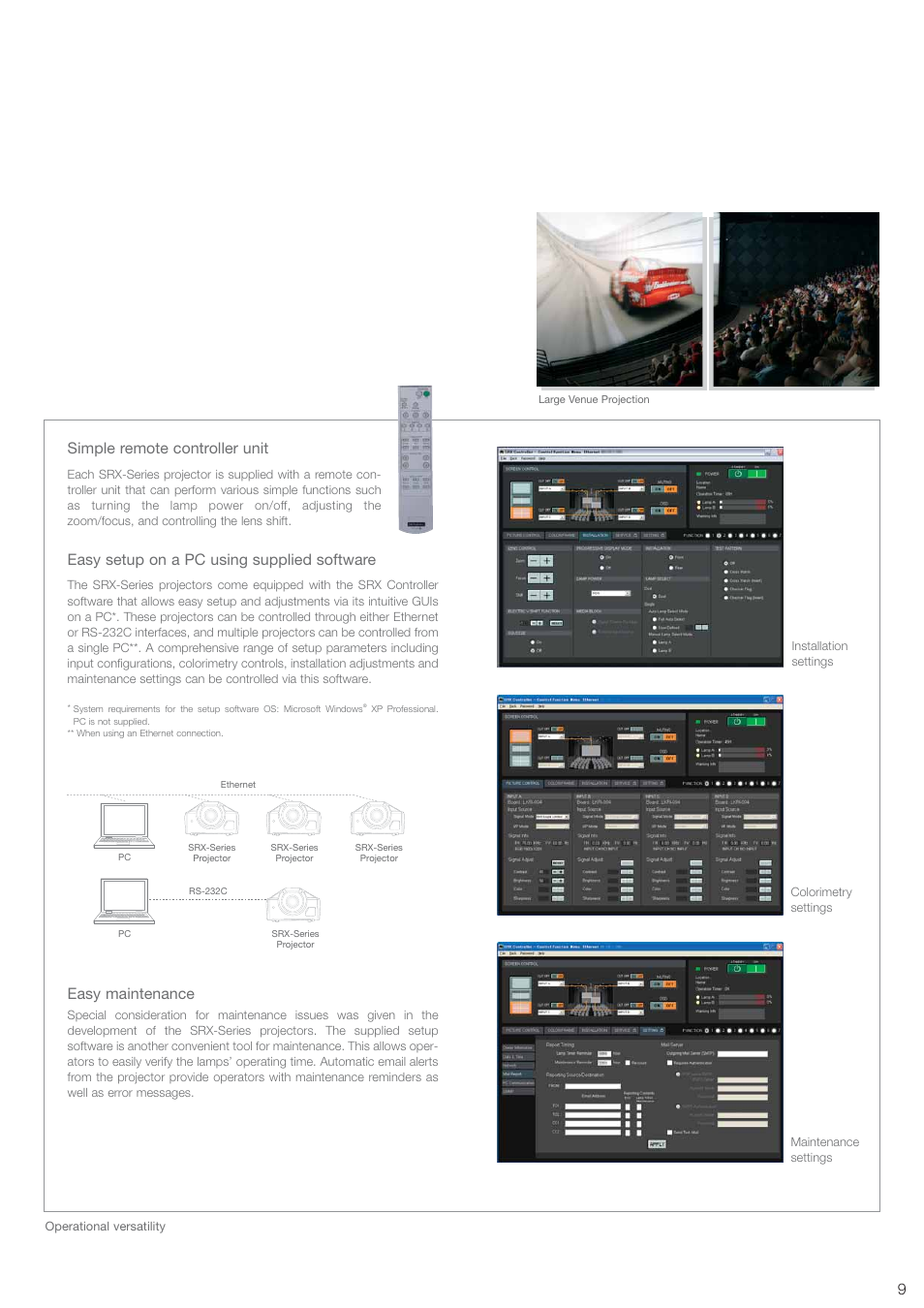 Simple remote controller unit, Easy setup on a pc using supplied software, Easy maintenance | Sony SRX-R105CE User Manual | Page 9 / 12