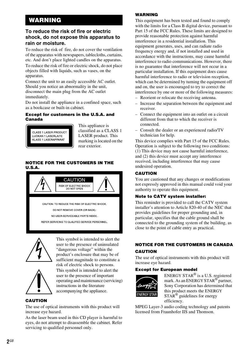 Warning | Sony CMT-NEZ5 User Manual | Page 2 / 32