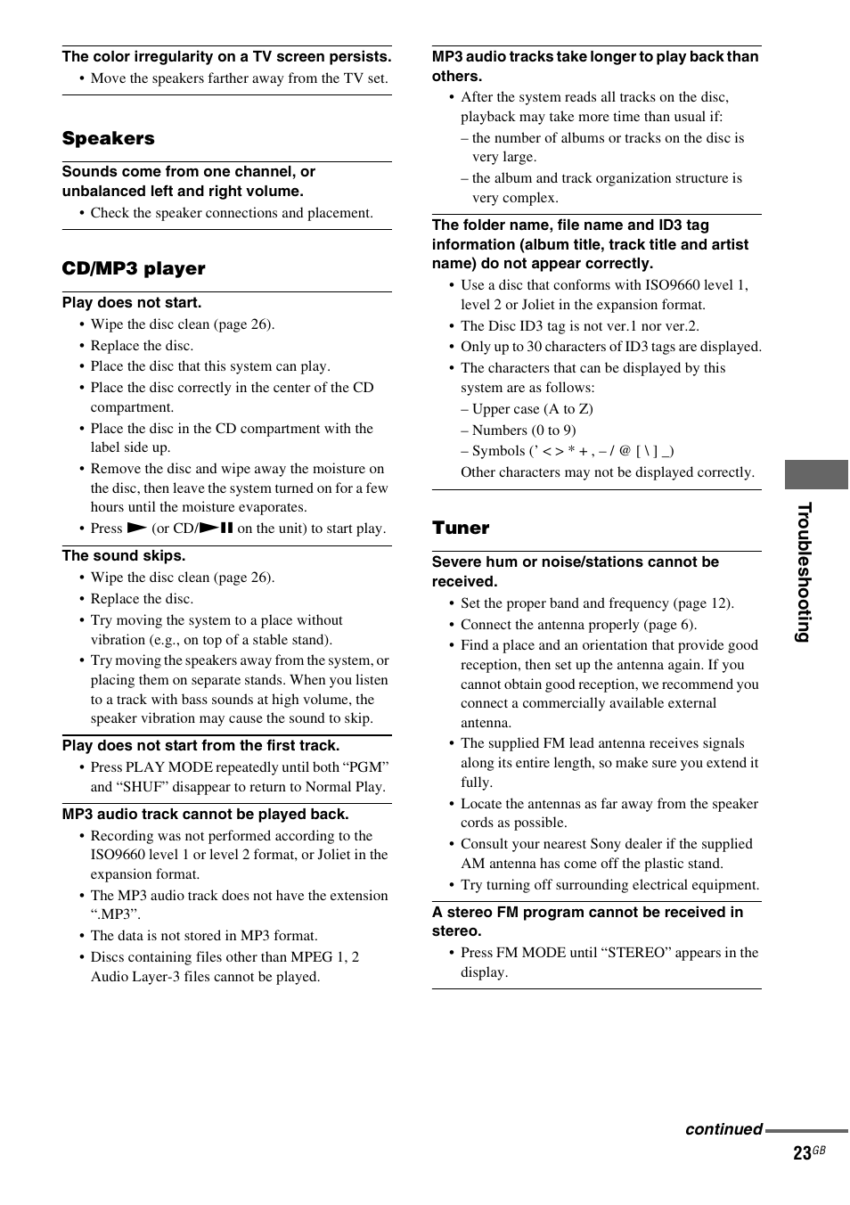 Tro ub les hoo ting 23, Speakers, Cd/mp3 player | Tuner | Sony CMT-NEZ5 User Manual | Page 23 / 32