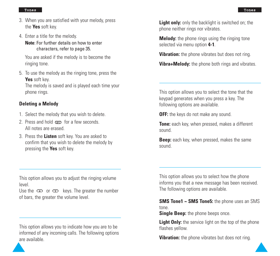 Keypad tone, Message tone, Ring volume | Alert type | Samsung SGH-N628 User Manual | Page 43 / 75