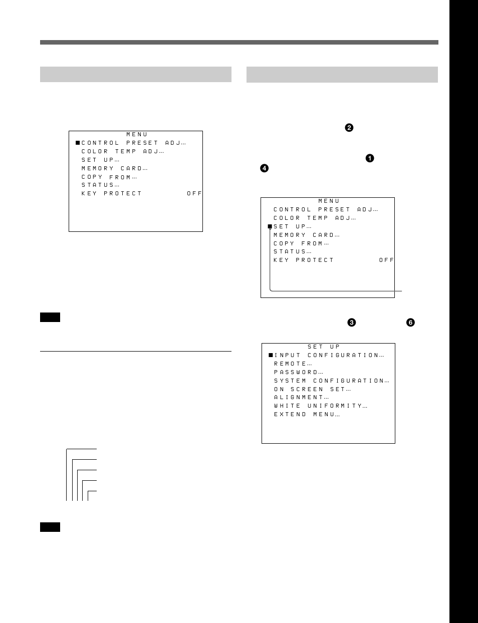 Displaying the menus, Menu operation, Chapter 2 menu | Displaying the menus menu operation, About menu numbers, Menu settings displayed in blue cannot be changed, Continued) | Sony BVM-D20F1U User Manual | Page 29 / 82