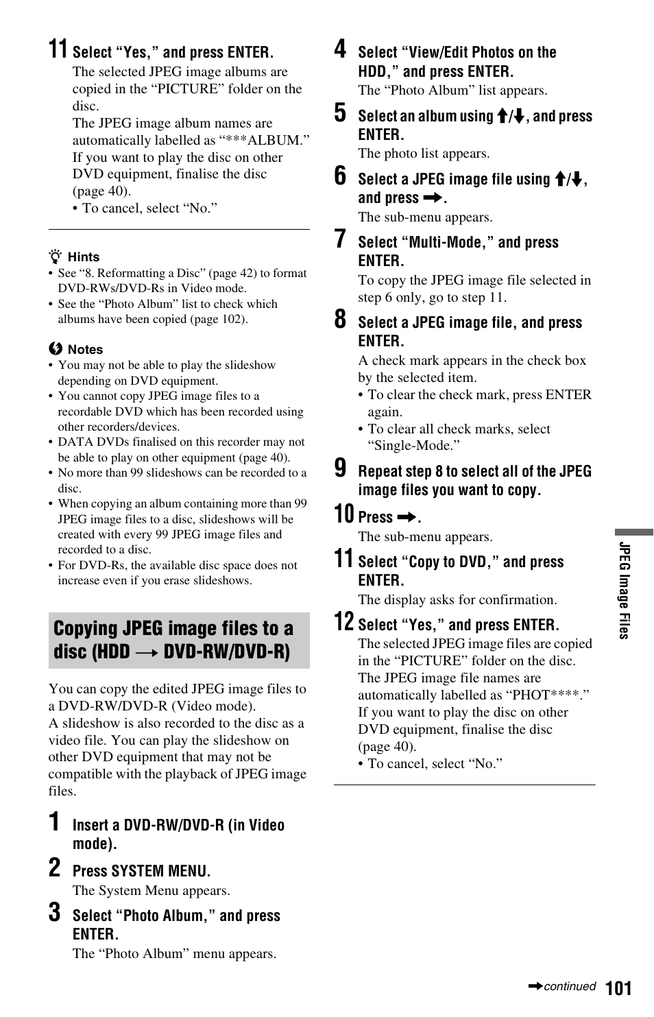 Copying jpeg image files to a disc (hdd | Sony RDR-HX750 User Manual | Page 101 / 148