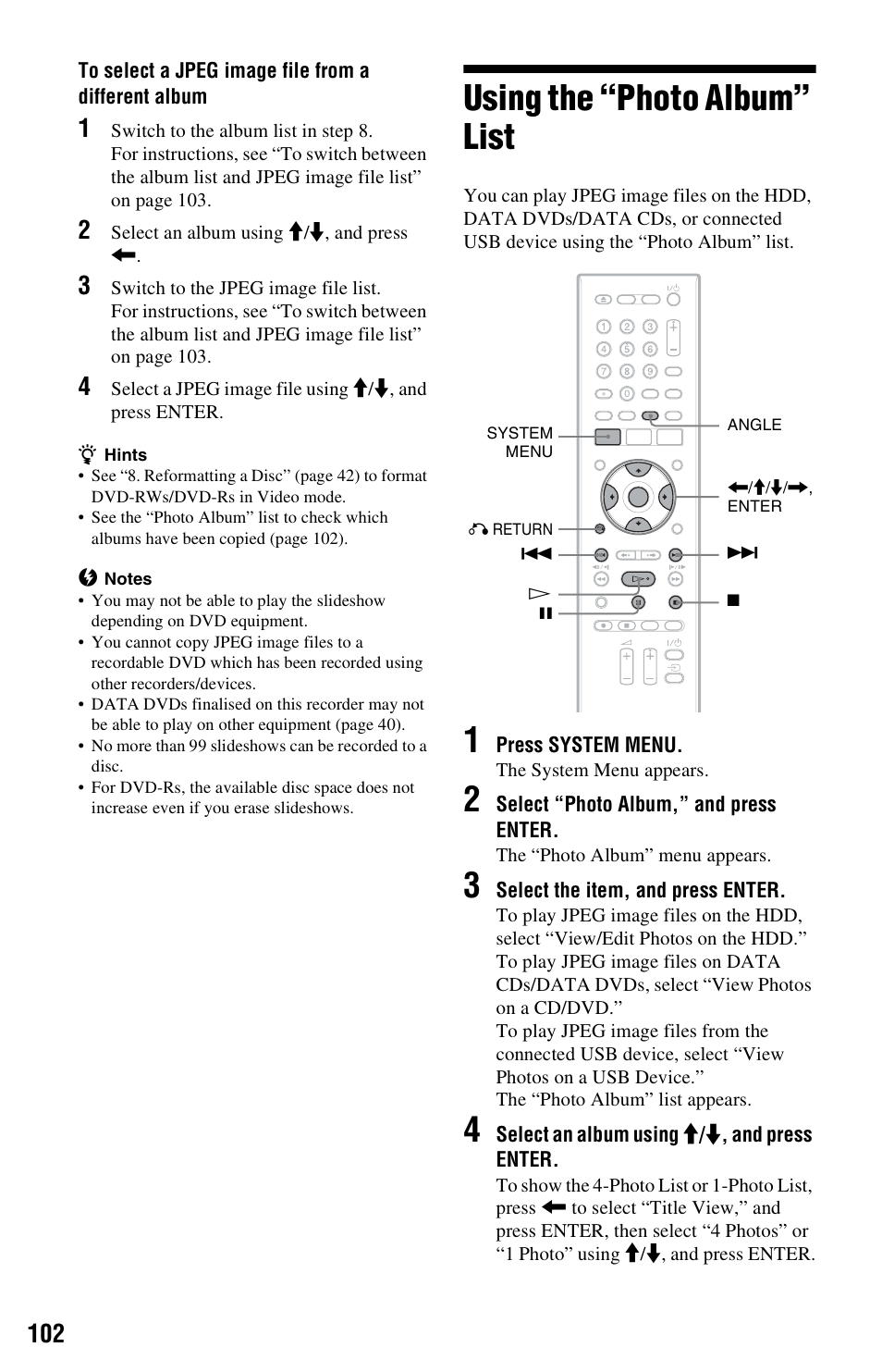 Using the “photo album” list | Sony RDR-HX750 User Manual | Page 102 / 148