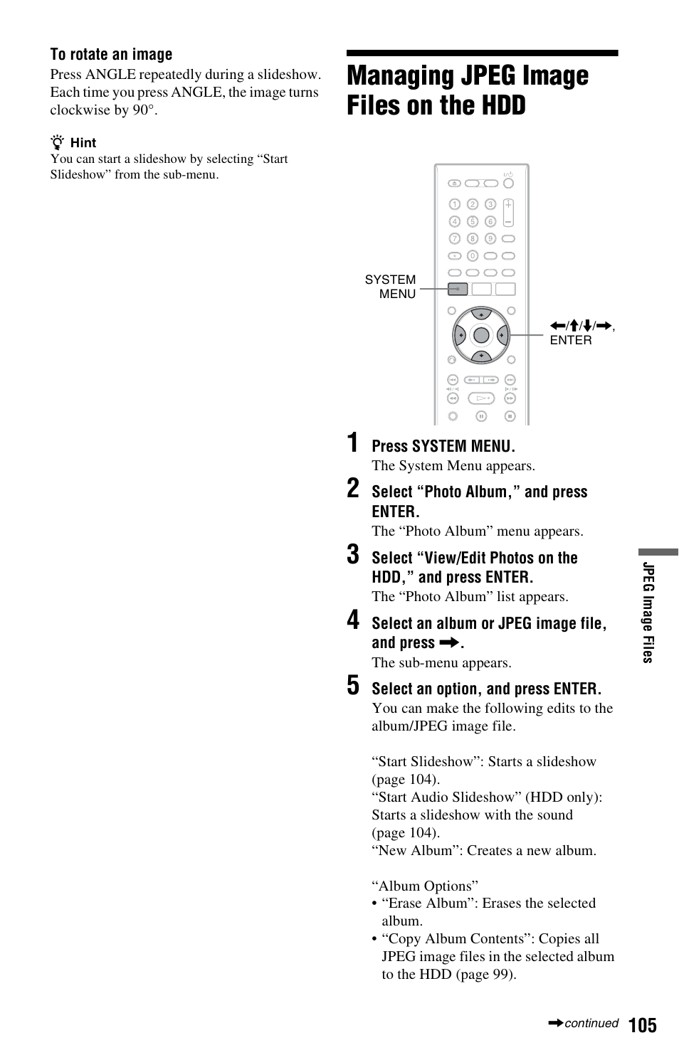 Managing jpeg image files on the hdd, Managing jpeg image files on the hdd 1 | Sony RDR-HX750 User Manual | Page 105 / 148