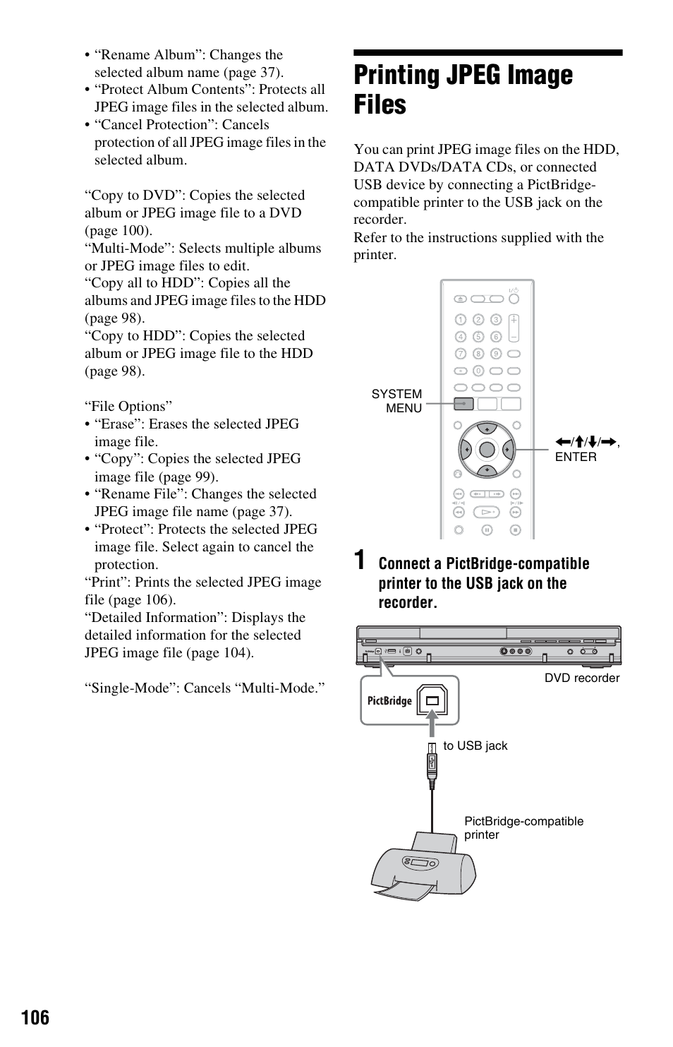 Printing jpeg image files | Sony RDR-HX750 User Manual | Page 106 / 148