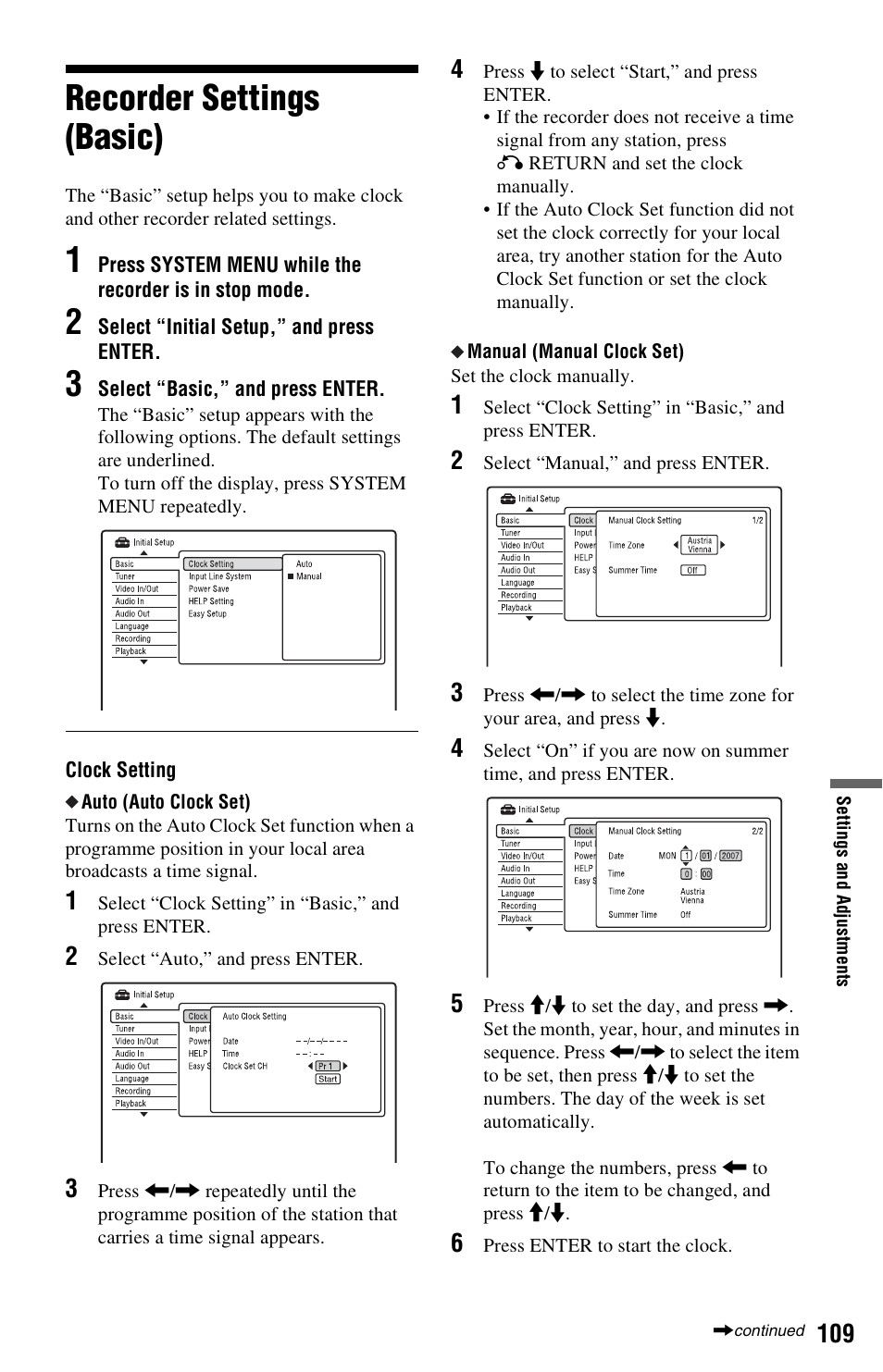 Recorder settings (basic) | Sony RDR-HX750 User Manual | Page 109 / 148